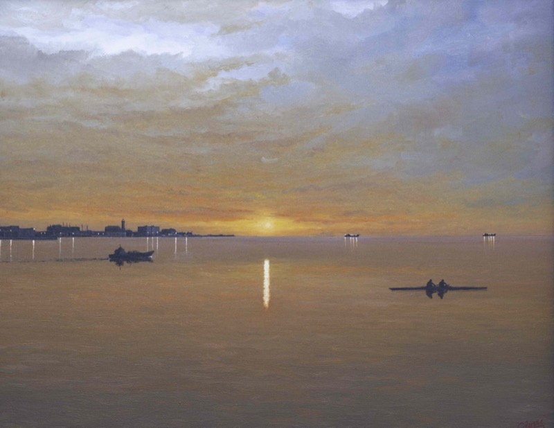 Trieste, tramonto sul mare, 2025 - olio su tavola - cm. 44x44